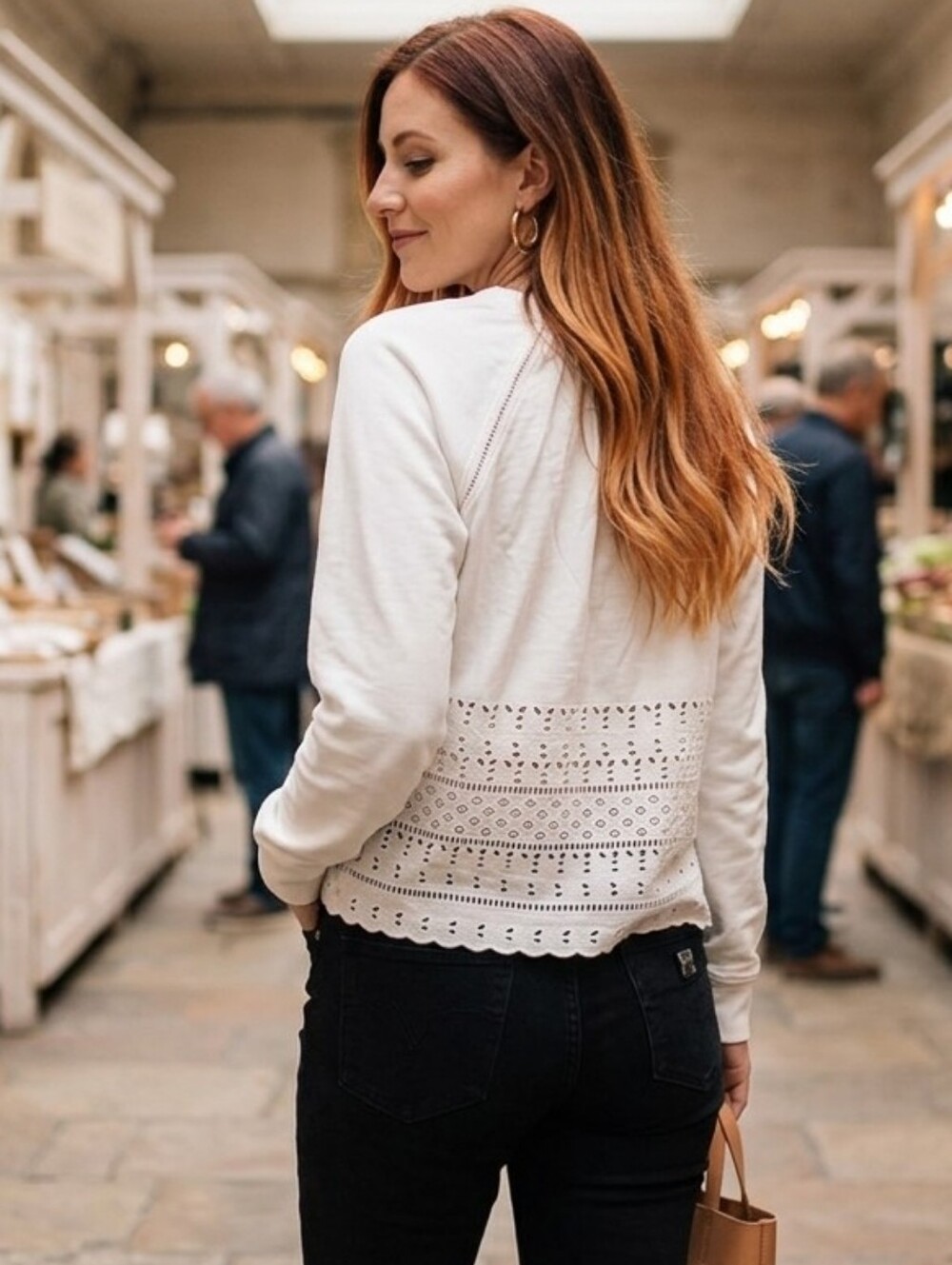 CUTE💖White EYELET COTTON Lace Detail BACK Long Sleeve SWEATSHIRT Sz M